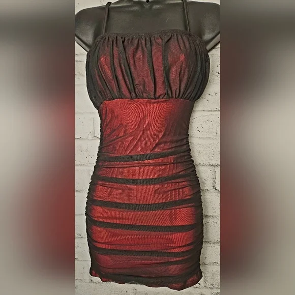 SHEIN Black Red Mesh Ruched Bodycon Mini Dress US 2 - Picture 3 of 13